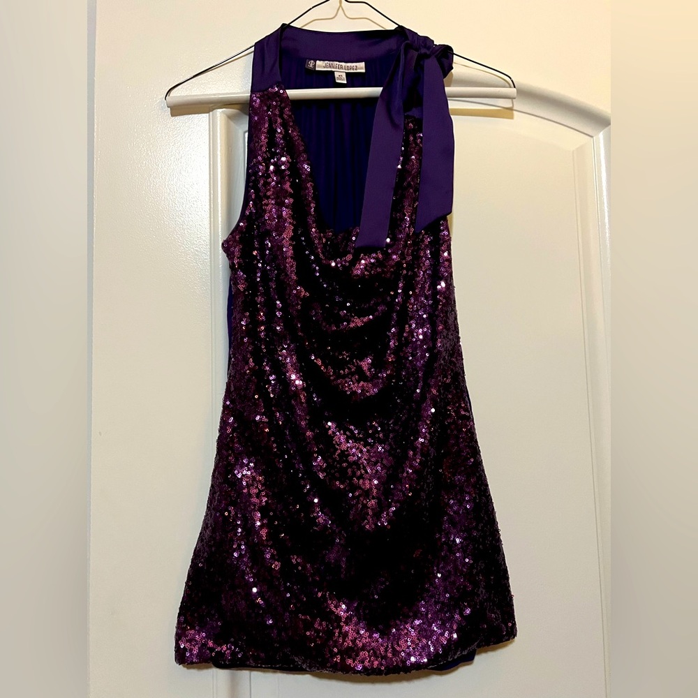 Purple sequin front tank top by JLo with bow accent in purple